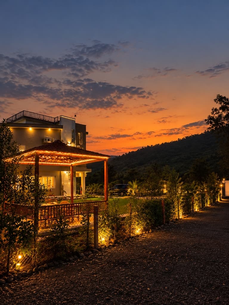 The gazebo lit after dark, with the hill behind it.